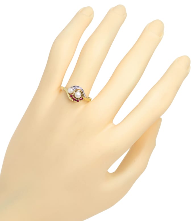 Foto 4 - Damenring Perlen und Top Rubine und Diamant in Gelbgold, Q1348